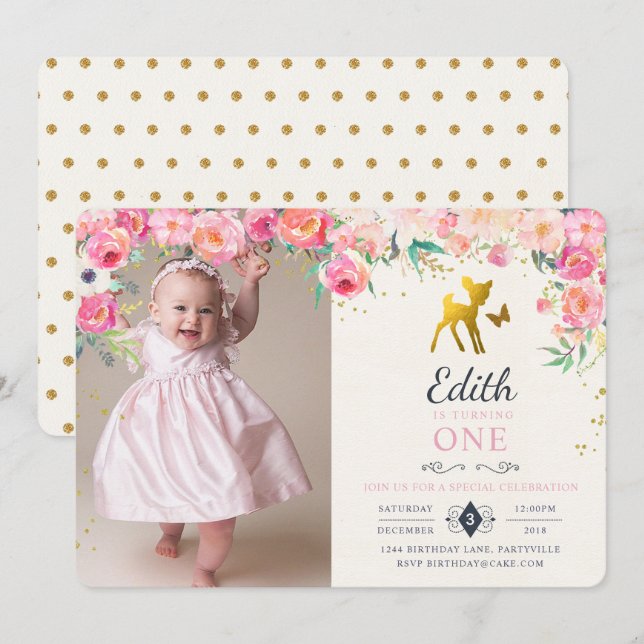 Gold Deer & Floral Photo Birthday Invitation (Front/Back)