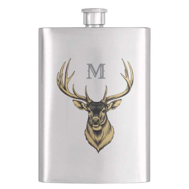Gold Deer Head And Custom Monogram Flask (Front)