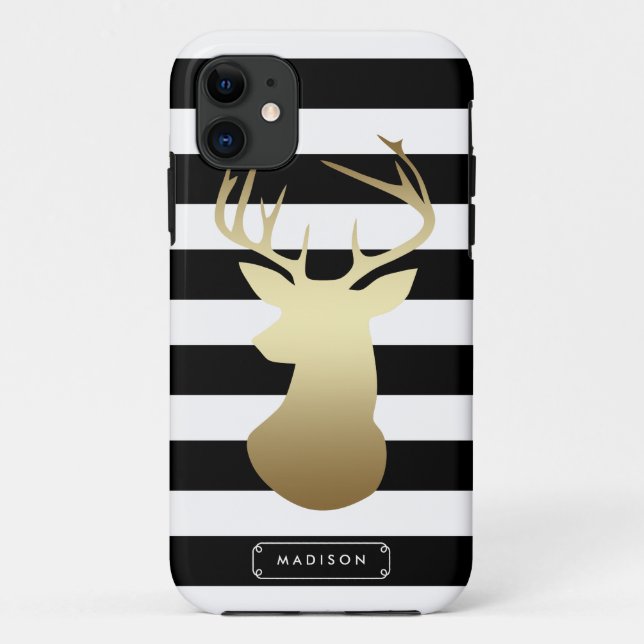 Gold Deer Head Black & White Stripes Personalized Case-Mate iPhone Case (Back)
