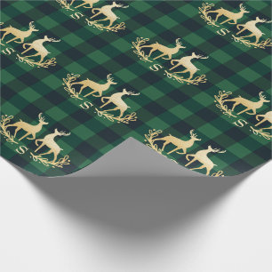 Gold Deer Monogram Green Buffalo Plaid Christmas Wrapping Paper
