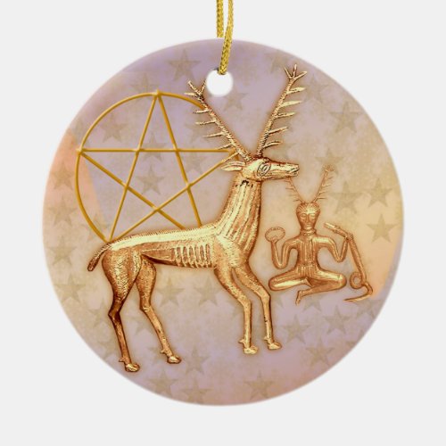 Gold Deer Pentacle   Gold Cernunnos 1 Ceramic Ornament