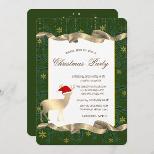 Gold Deer Santa Hat,Branches Green Christmas Party Invitation