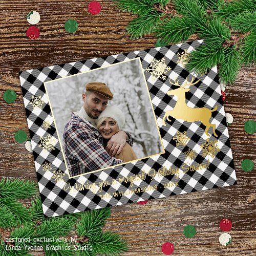 Gold Deer  Snowflakes Black White Plaid Pattern Foil Holiday Postcard