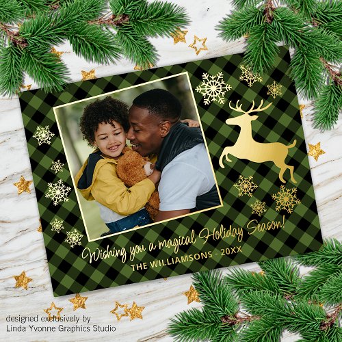 Gold Deer  Snowflakes Green Black Plaid Pattern Foil Holiday Postcard