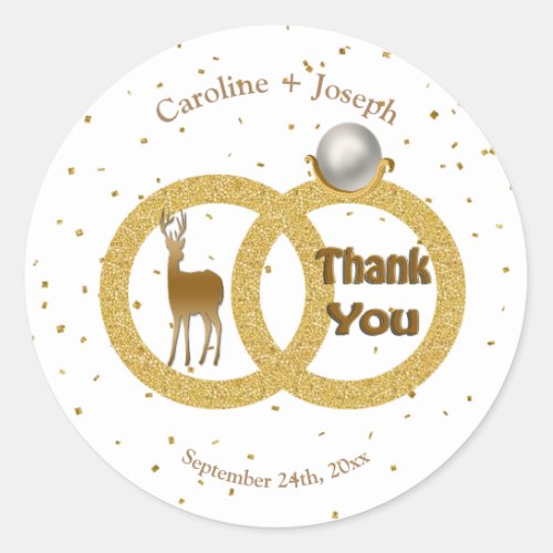 Gold Deer with Wedding Pearl Glitter Ring Classic Round Sticker
