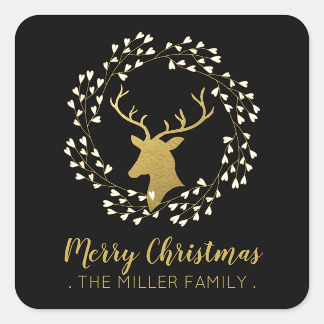 Gold Deer & Wreath | Christmas Holiday Sticker (Front)