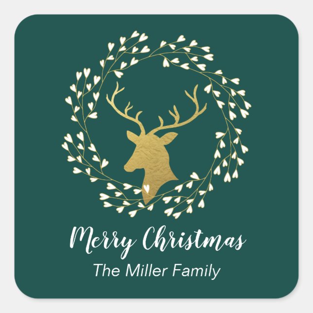 Gold Deer & Wreath | Christmas Holiday Sticker (Front)