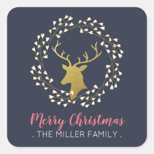 Gold Deer & Wreath Christmas Holiday Sticker