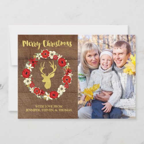 Gold Deer Wreath Wood Merry Christmas Photo Holiday Card