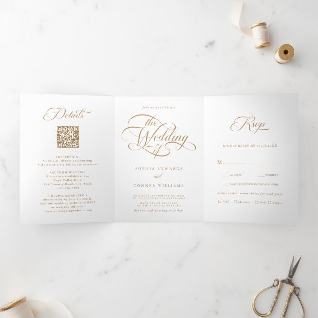 Gold Delicate Elegant Script Wedding Tri-Fold Invitation (Inside)