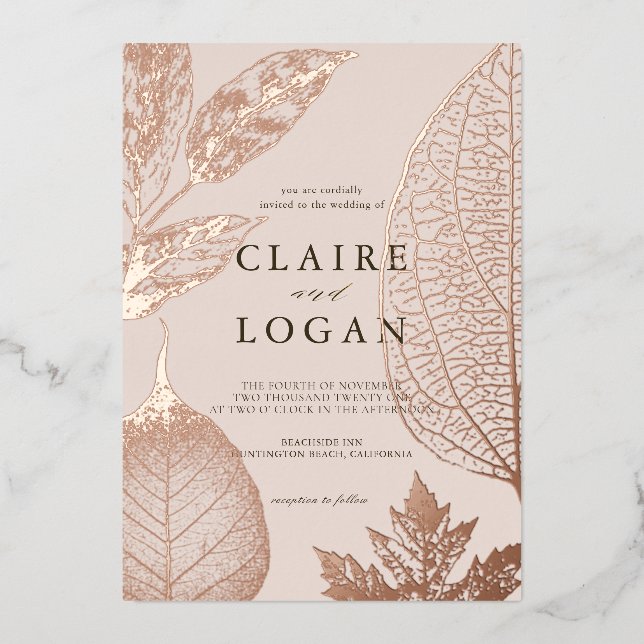 Gold Delicate Leaves Pink Beige Wedding Foil Invitation (Front)