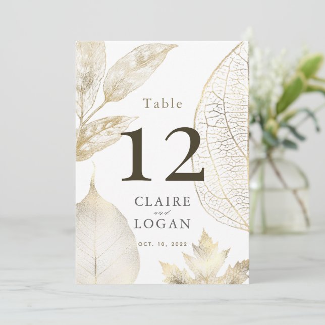 Gold Delicate Leaves Wedding Table Number Card (Standing Front)