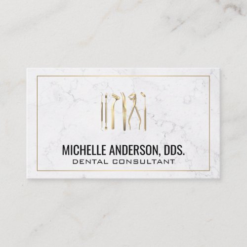 Gold Dental Tools  Marble and Gold Border Business Card