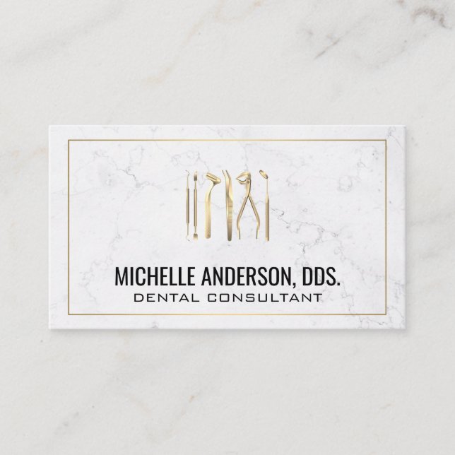 Gold Dental Tools | Marble and Gold Border Business Card (Front)
