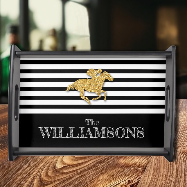 Gold Derby Race Horse Black and White Stripes Serving Tray (Creator Uploaded)