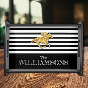 Gold Derby Race Horse Black and White Stripes Serving Tray