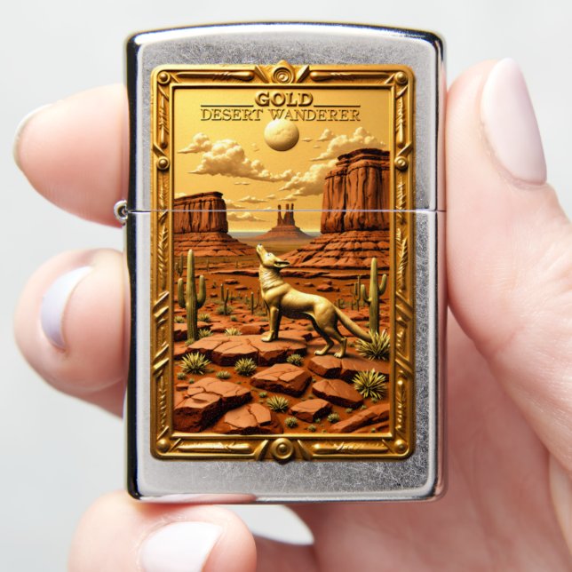 Gold Desert Wanderer Coyote Landscape Zippo Lighter (In Hand)