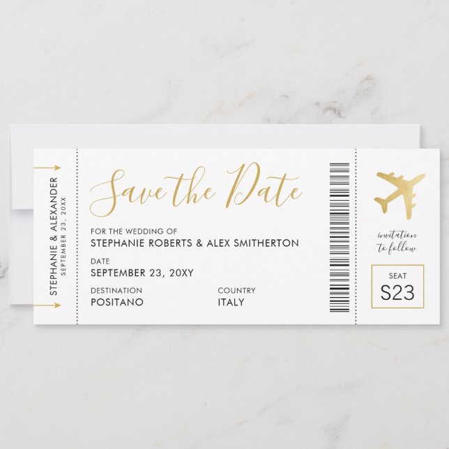 Gold Destination Wedding Airplane Boarding Pass Save The Date (Front)