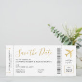 Gold Destination Wedding Airplane Boarding Pass Save The Date (Standing Front)