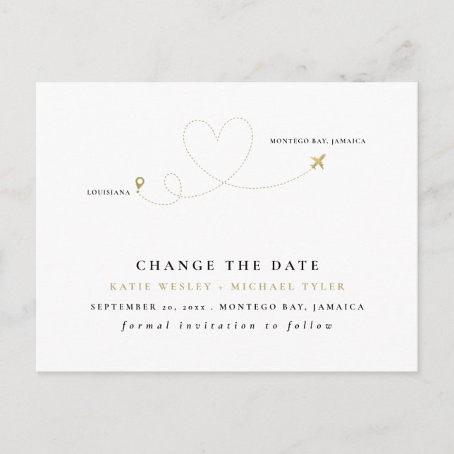 Gold Destination Wedding Change the Date Announcement Postcard (Front)