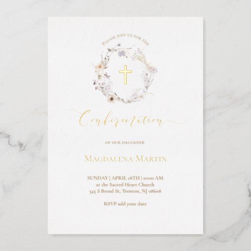 gold details wildflowers wreath Confirmation Foil Invitation
