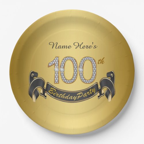 Gold Diamond 100th Birthday Party Paper Plates