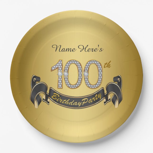 Gold Diamond 100th Birthday Party Paper Plates (Front)
