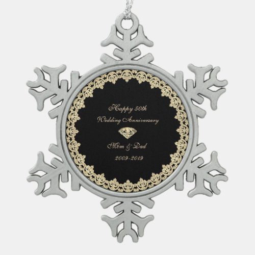 Gold  Diamond 50th Wedding Anniversary Snowflake Pewter Christmas Ornament