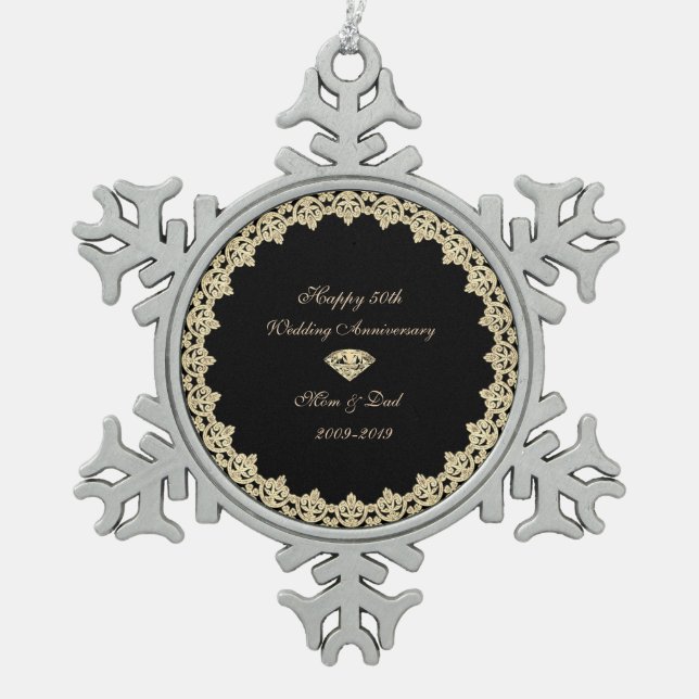 Gold  Diamond 50th Wedding Anniversary Snowflake Pewter Christmas Ornament (Front)