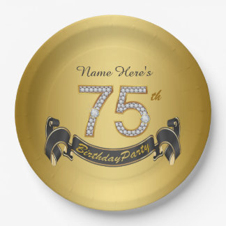 Gold Diamond 75th Birthday Party Paper Plates