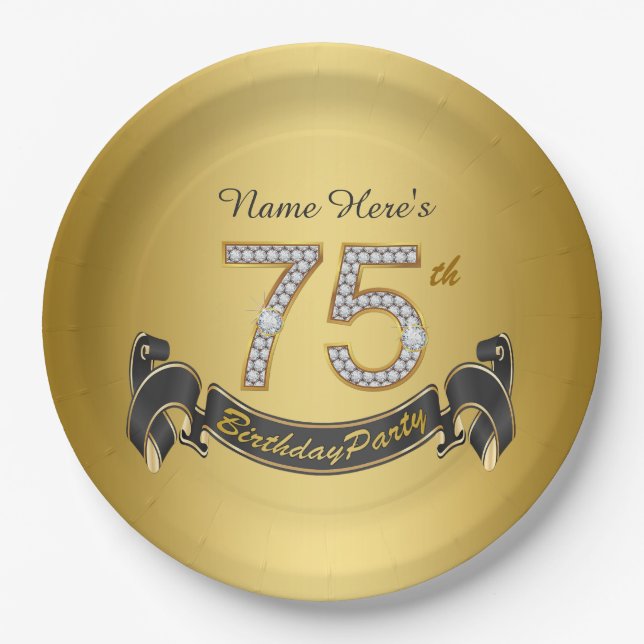 Gold Diamond 75th Birthday Party Paper Plates (Front)