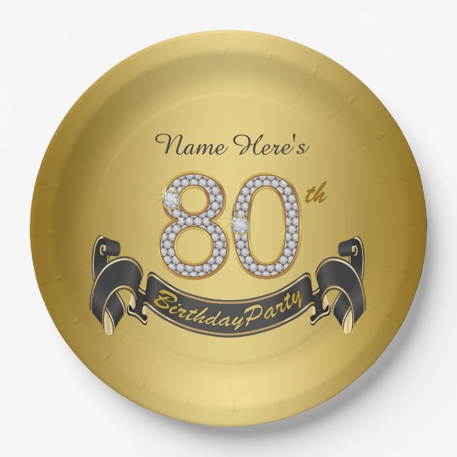 Gold Diamond 80th Birthday Party Paper Plates (Front)