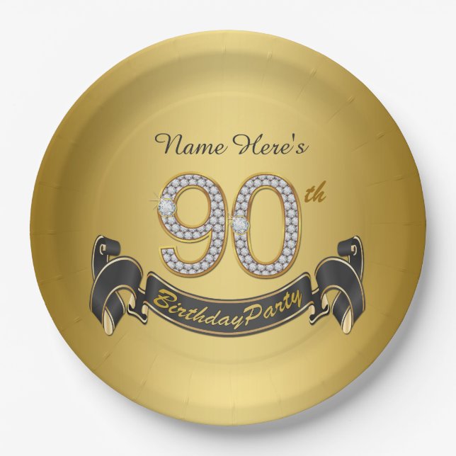 Gold Diamond 90th Birthday Party Paper Plates (Front)