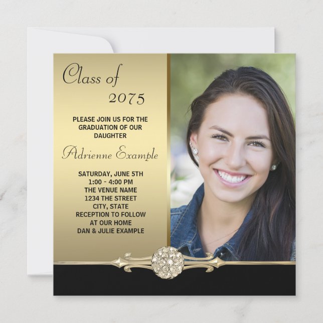 Gold Diamond Black and Gold Photo Graduation Invitation (Front)
