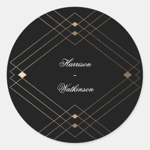 Gold Diamond Black Geometric Deco Gatsby Wedding Classic Round Sticker