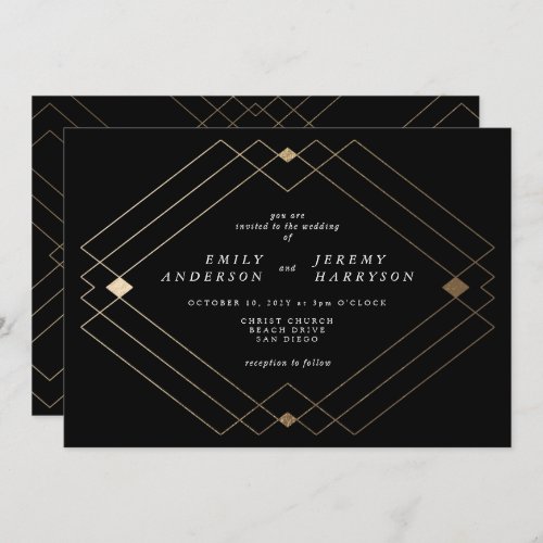 Gold Diamond Black Geometric Deco Gatsby Wedding Invitation