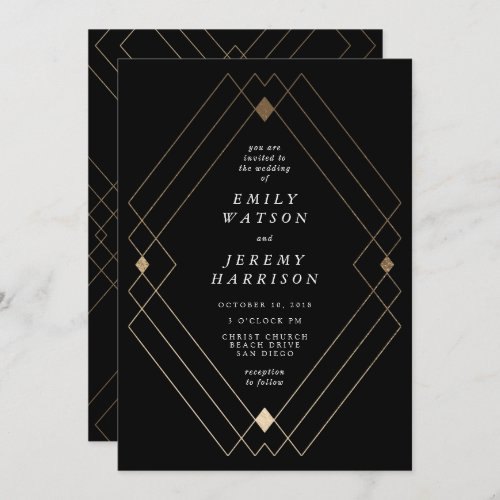 Gold Diamond Black Geometric Deco Gatsby Wedding Invitation