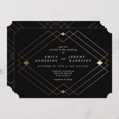 Gold Diamond Black Geometric Deco Gatsby Wedding Invitation