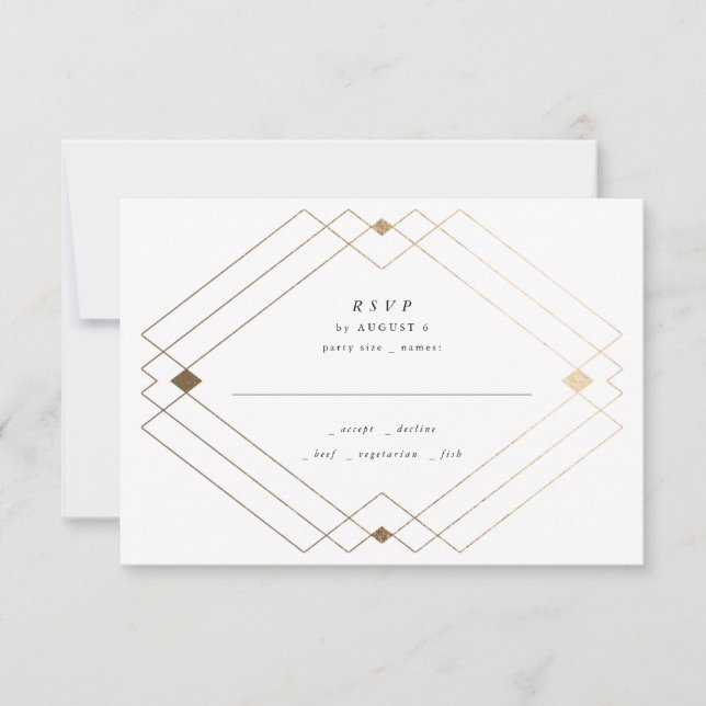 Gold Diamond Black Geometric Deco Gatsby Wedding RSVP Card (Front)