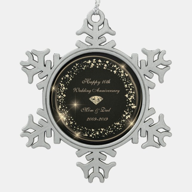 Gold Diamond Confetti 10th Wedding Anniversary Snowflake Pewter Christmas Ornament (Front)