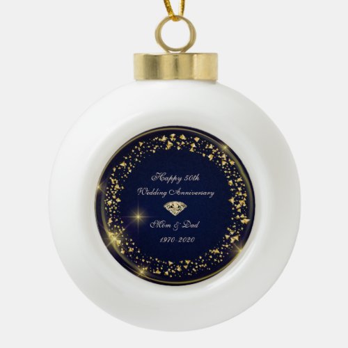Gold Diamond Confetti 50th Wedding Anniversary Ceramic Ball Christmas Ornament