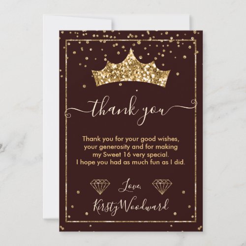 Gold Diamond Confetti Tiara Sweet 16 Thank You Card