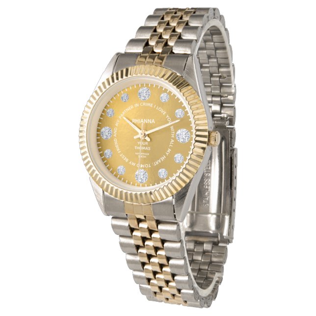 Gold Diamond Custom Saying Dial Gift Wrist Watch (Angled)