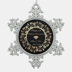 Gold Diamond,Floral 10th Wedding Anniversary Snowflake Pewter Christmas Ornament