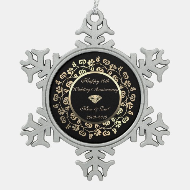 Gold  Diamond,Floral 10th Wedding Anniversary Snowflake Pewter Christmas Ornament (Front)