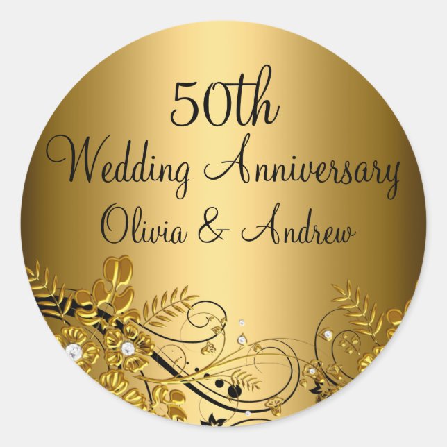 Gold Diamond Floral Swirl 50th Anniversary Sticker (Front)