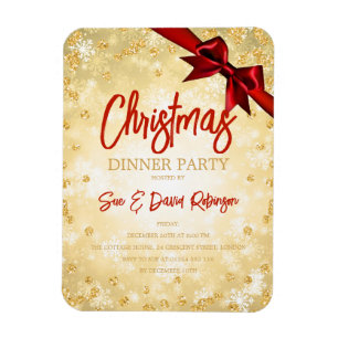Gold Diamond Glitter Red Ribbon Xmas Invite Magnet
