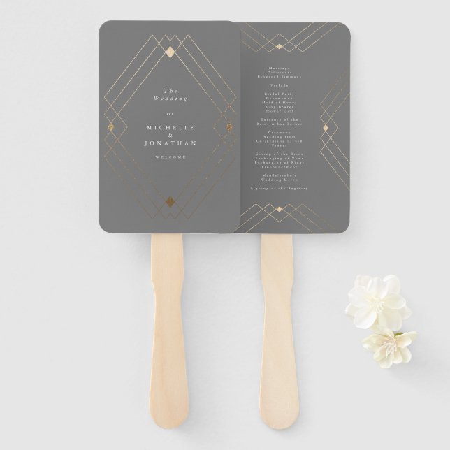 Gold Diamond Grey Geometric Deco Gatsby Wedding Hand Fan (Front and Back)