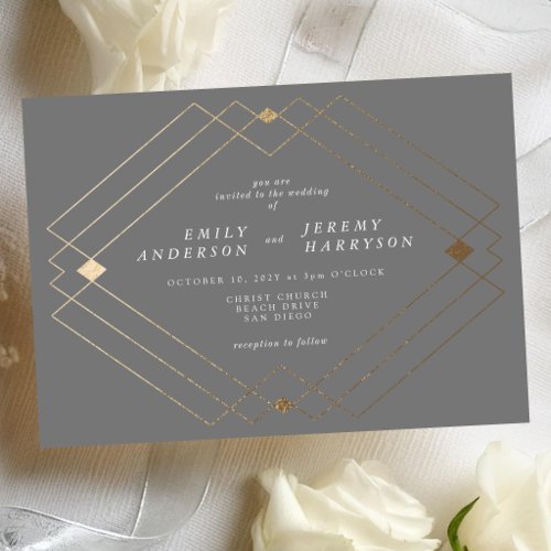 Gold Diamond Grey Geometric Deco Gatsby Wedding Invitation