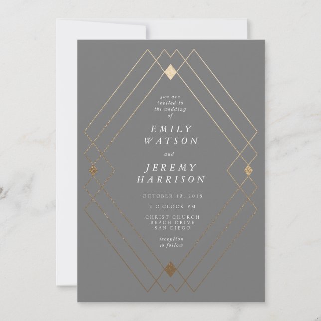Gold Diamond Grey Geometric Deco Gatsby Wedding Invitation (Front)